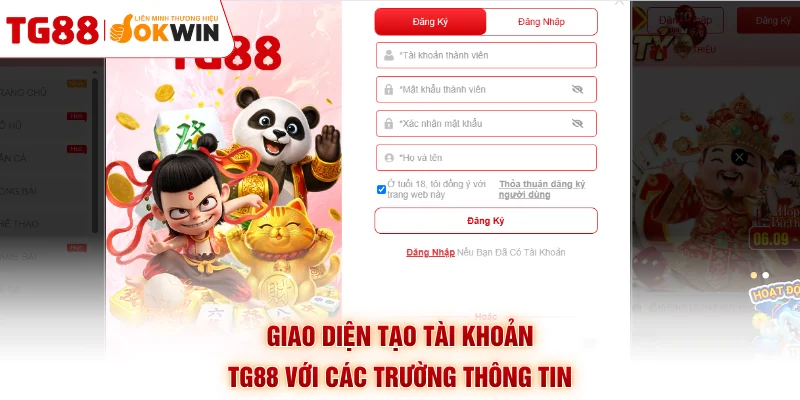 Giao diện tạo tài khoản TG88 với các trường thông tin